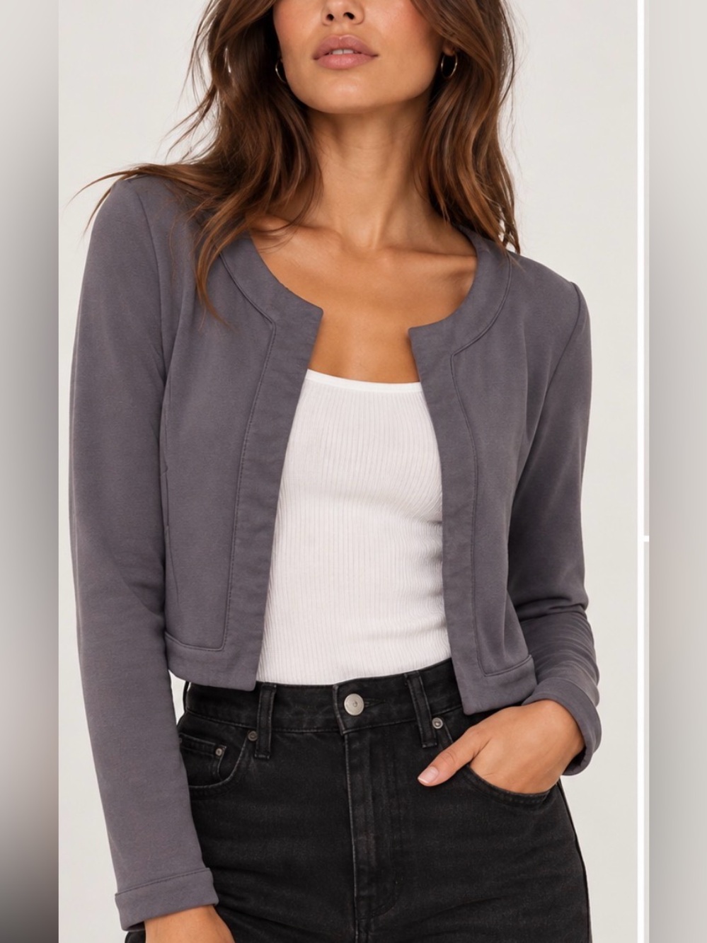 Eva Franco Gray Cropped Open Front Jacket Size 10